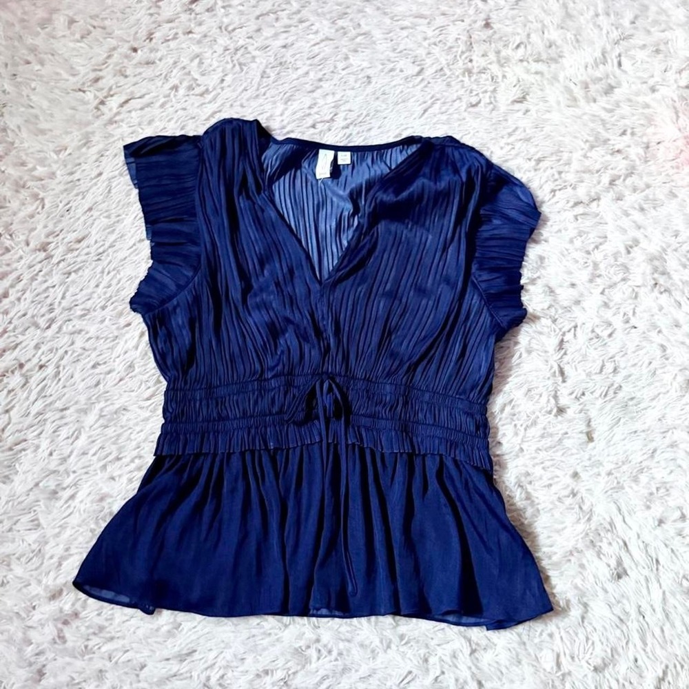 Slinky Pleated Flowy Royal Blue Ruffle Peplum Top Womens L Whimsical Office